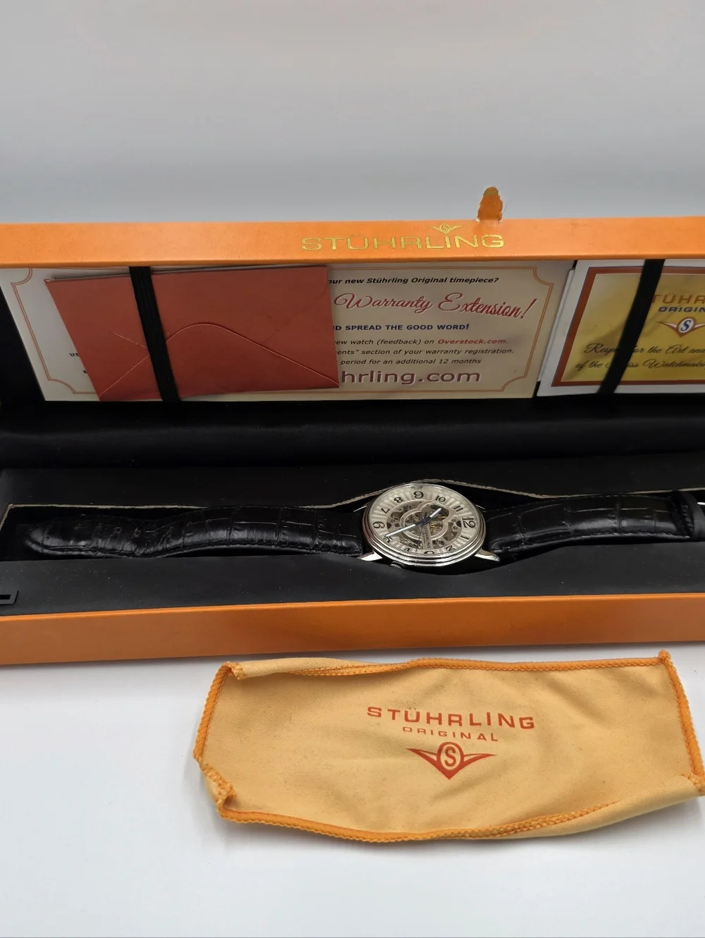 Stuhrling Original Mens Skeleton Automatic Watch ST-90050‎ Silver Black Leather